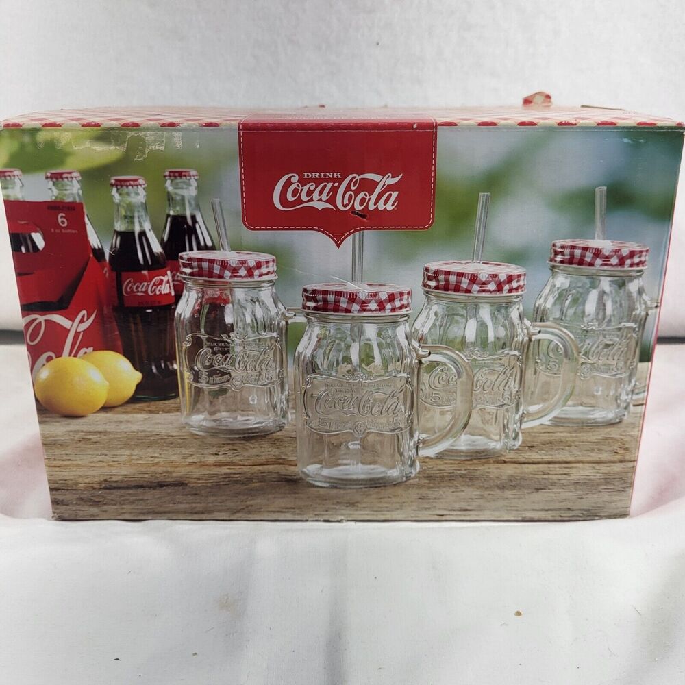 Coca-Cola Mason Jar Glass Drink Set With Straw Set Of 4 NEW